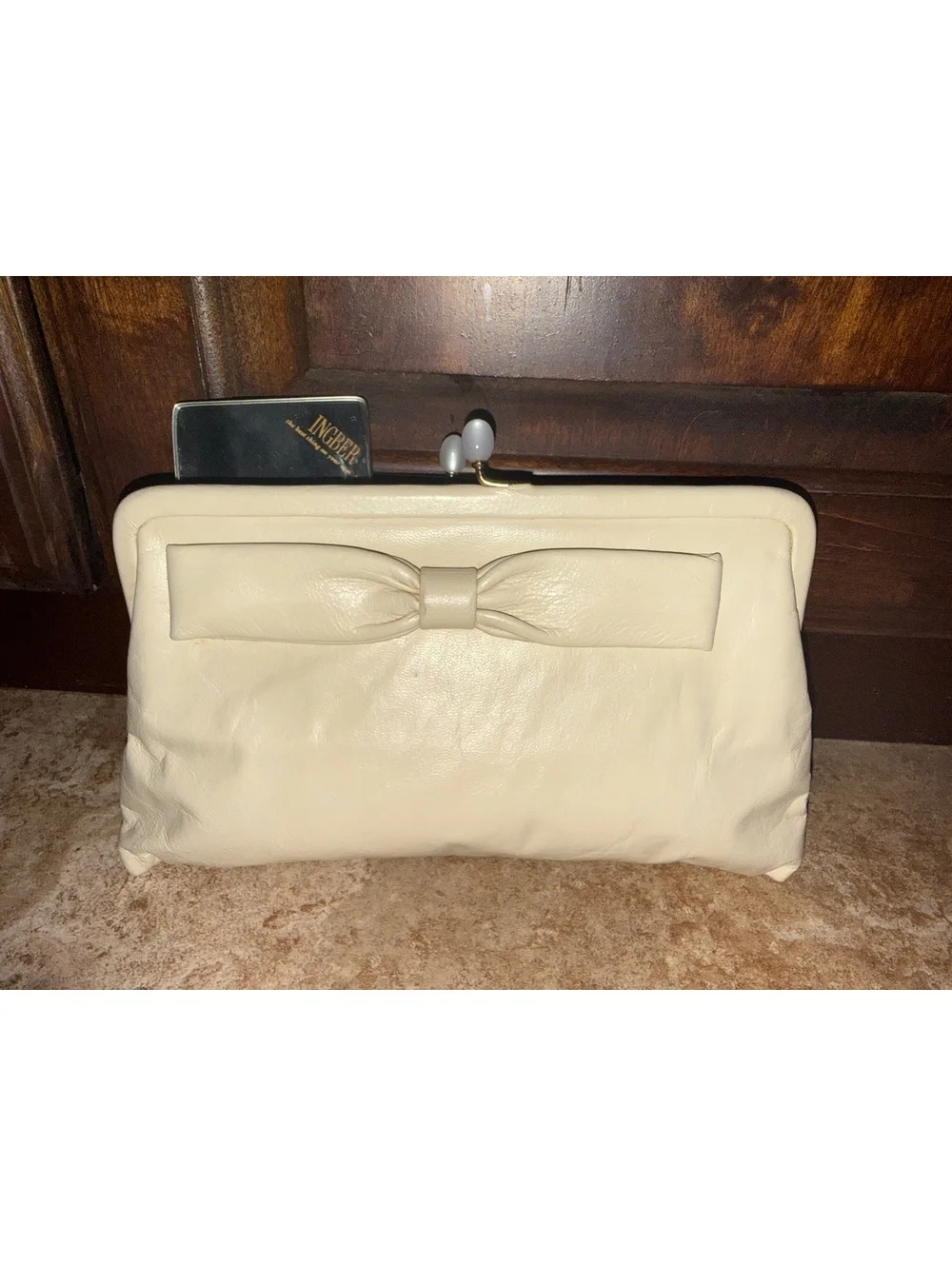 Vintage 1950s Ingber Cream Leather Evening Clutch Purse w/ Original Mirror - MCM
